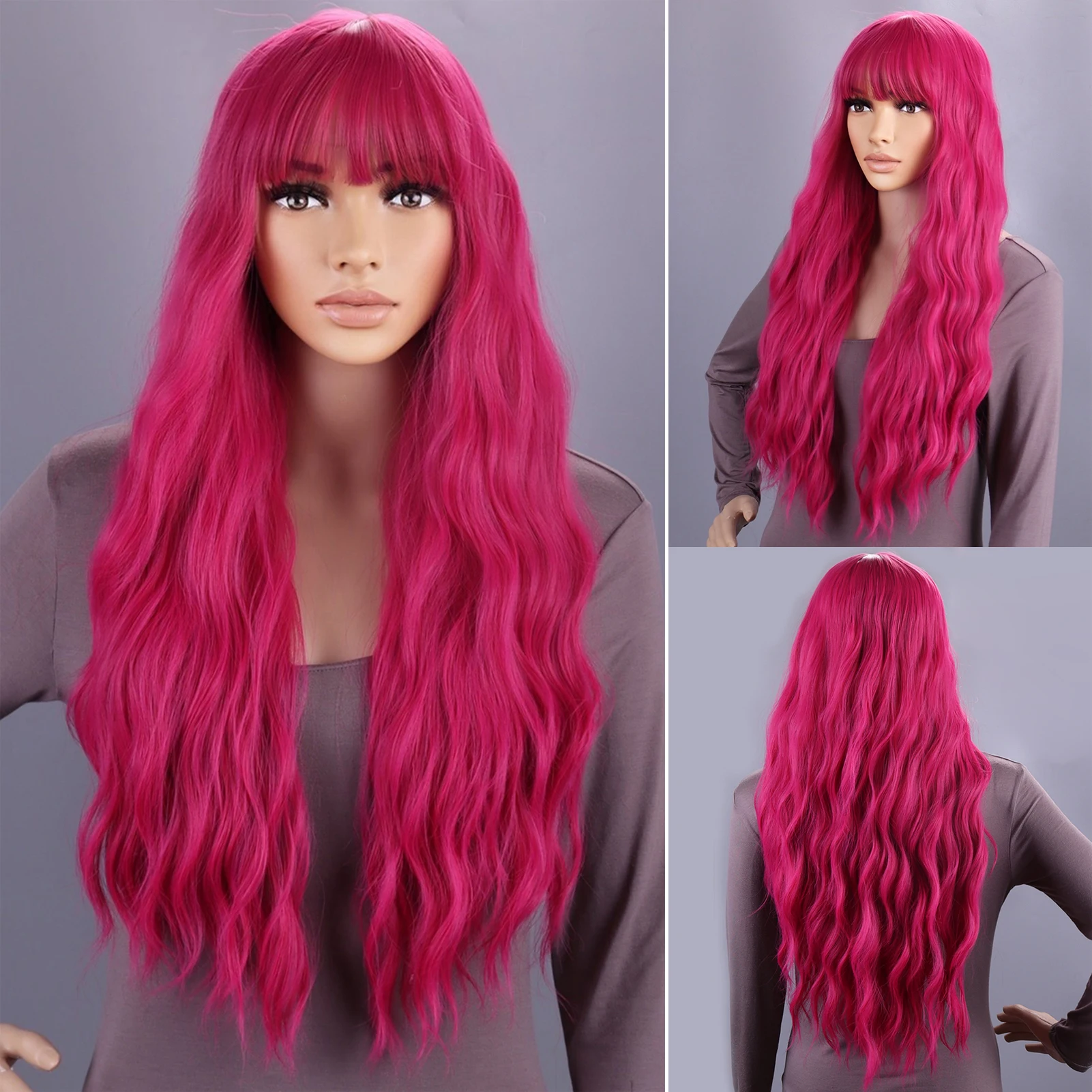 26 Inch Wine-Red Long Curly Synthetic Wig Heat Resistant Bangs Full Wigs for Photography Stage Movie Hair MIAO