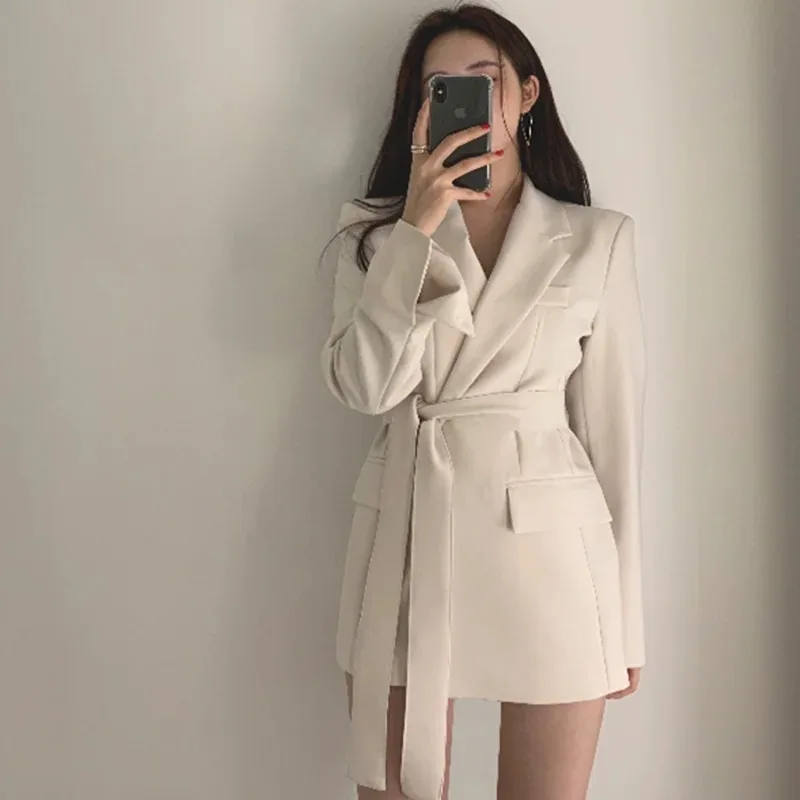 Suit Jacket Women Autumn New Korean Long Coat with Belt Office Lady Turndown Collar Female White Slim Casual Women‘s Blazers