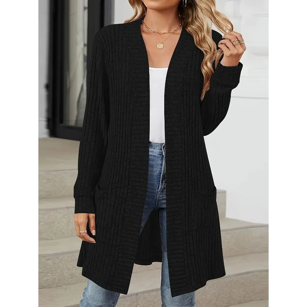 حجم كبير 1XL-5XL المرأة الموضة الصلبة مضلع جيوب معطف طويل السيدات عادية مفتوحة الجبهة معطف أنيق كم طويل معطف