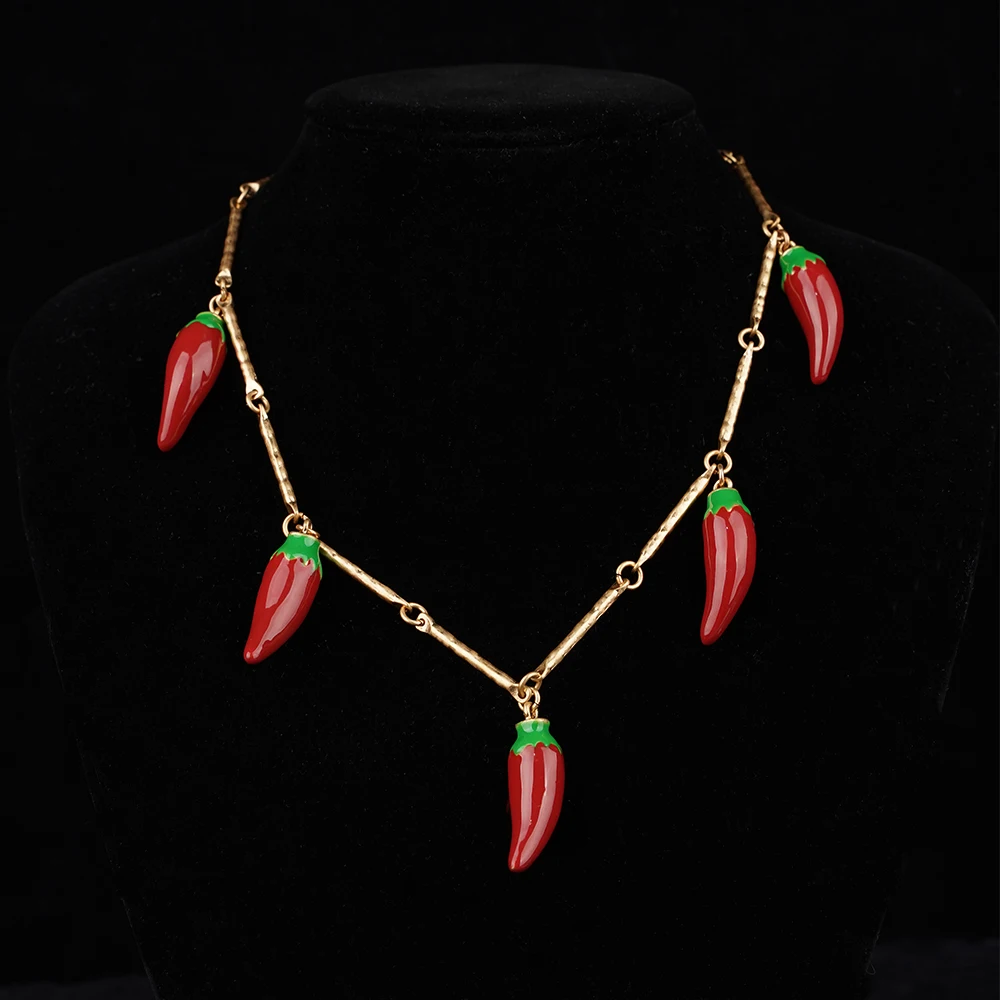 

Cute Red Enamel Chili Charm Pendant Necklace Metal Gold Color Chain Stainless Steel Fashion Appeal Pepper For Women Jewelry