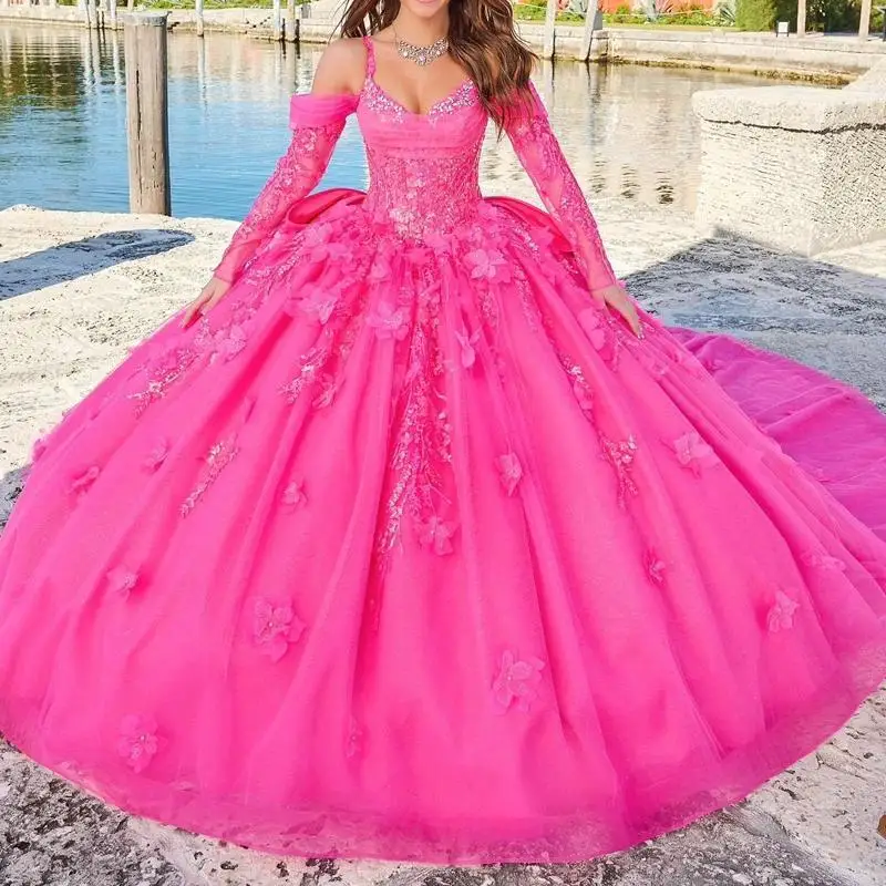 

Rose Red Quinceanera Dress Ball Gown Spaghetti Strap Appliques Lace Flower Beads Tull Vestidos De 15 Años Sweet 16 Dress