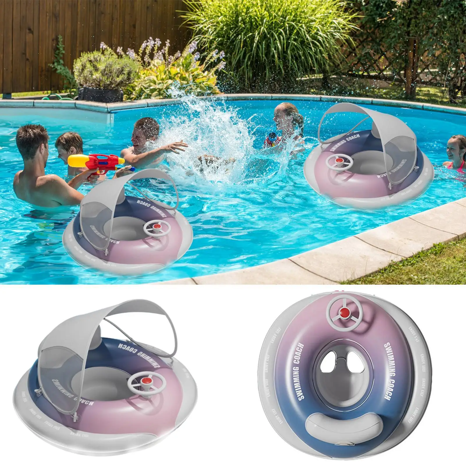 Flutuador de piscina de bebê com dossel assento de piscina inflável com dossel encosto ergonômico design assento flutuante brinquedos para meninas banho meninos