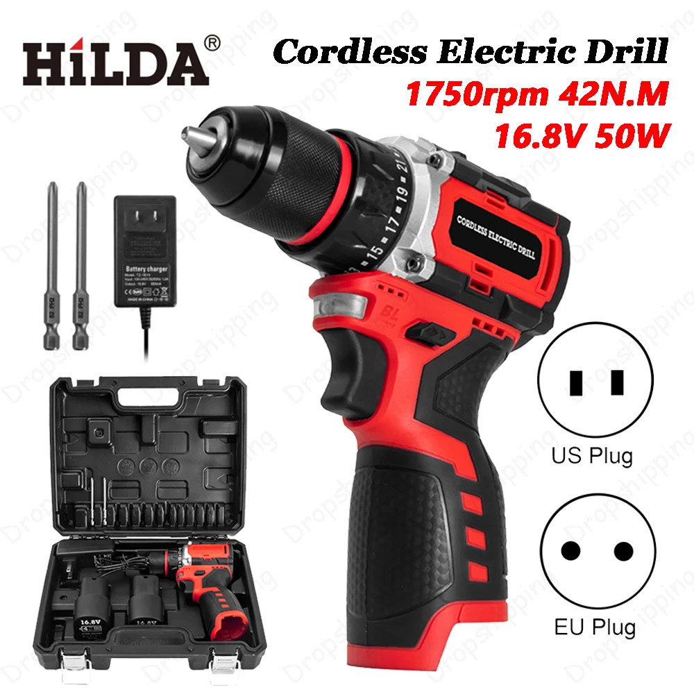 16.8V Brushless Electric Cordless Drill 42N.M 50W Self-locking Chuck Electric Screwdriver With Light 1750rpm 2-Speed Power Tools