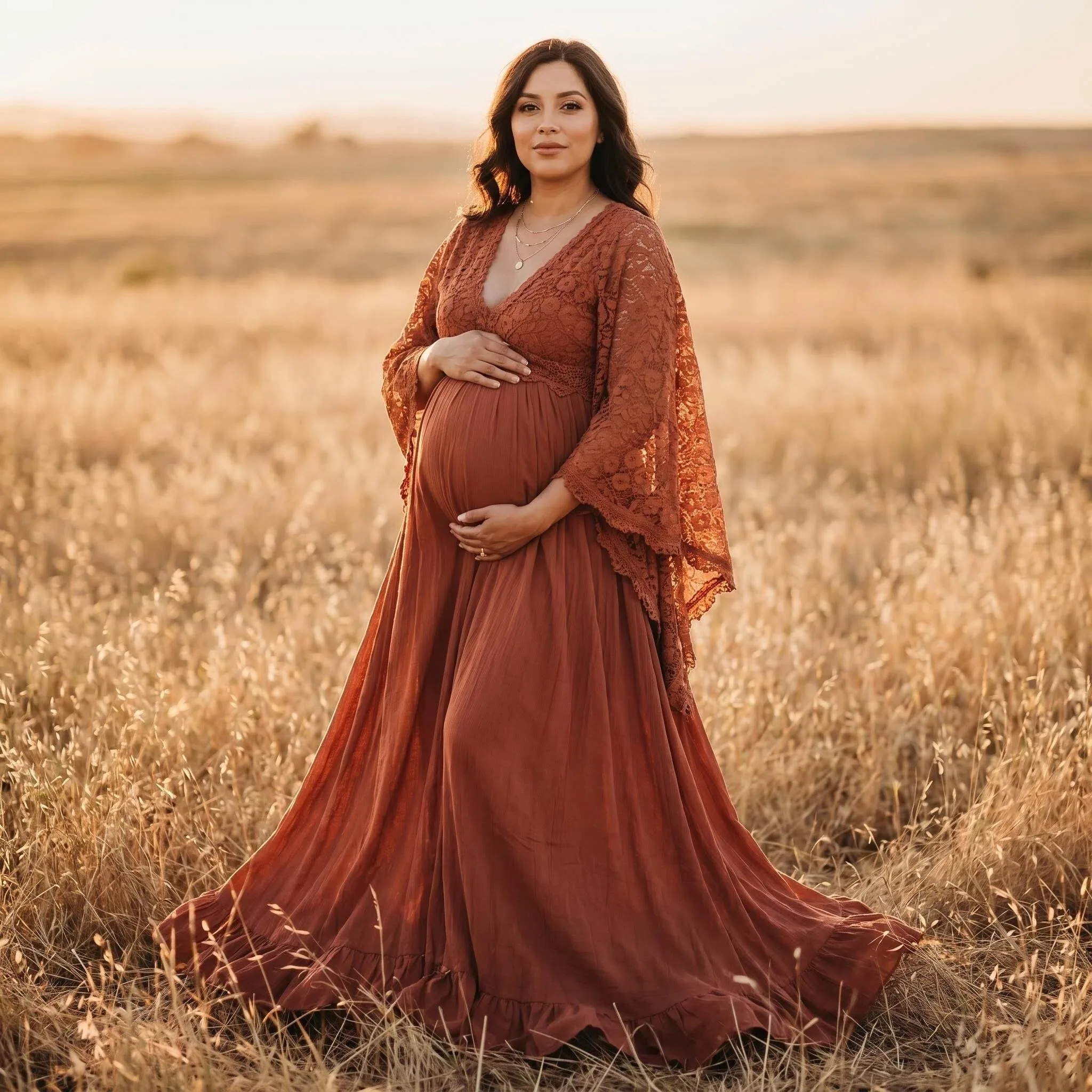 

Rust Lace Tassels Boho Pregnant Women Photography Props Dresses Bohemian Style Maternity Long Dress For Photo Shoot