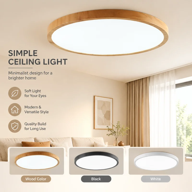 Ceiling Light Scandinavian Minimalist LED Flush Mount Black White Wood Grain Bedroom Hallway 3-Mode Dimmable Modern Fixture Lamp