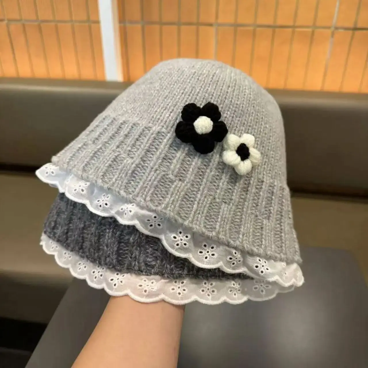 

Autumn Winter Fisherman Hat Fashion Cute Flower Girl Knitted Windproof Sunshade Cap Toddler Kids Lace Outdoor Bucket Hat