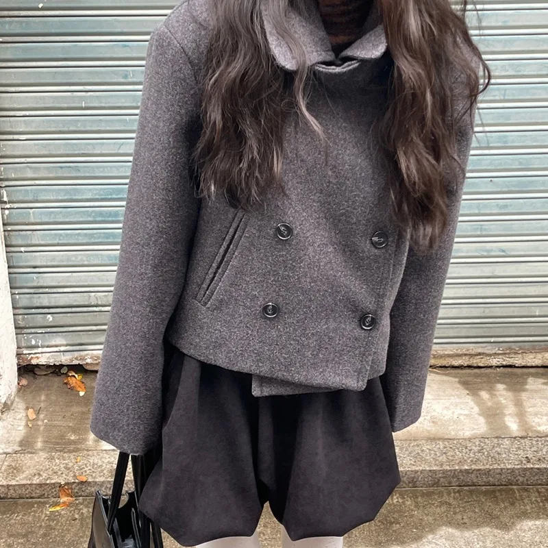 Korean Style Chic Vintage Short Woolen Coat Double Row Button Small Size Flip Collar Outerwear for Women Daily Wear