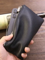 Genuine Leather Wallet Zipper Long Large Capacity Phone Card Money Clip Coin Purse Solid Color Litchi Pattern  Clutch Bag