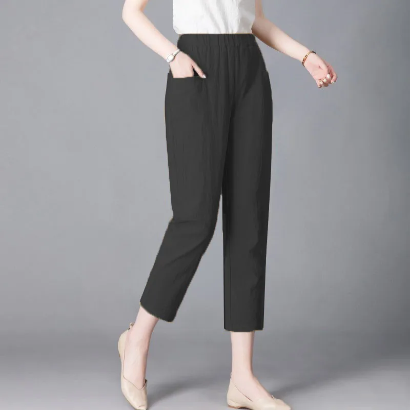 면 린넨 하렘 팬츠 여성 여름 얇은 캐주얼 대형 사이즈 화이트 루즈 슬리밍 나인피스 당근 팬츠 하이웨이스트