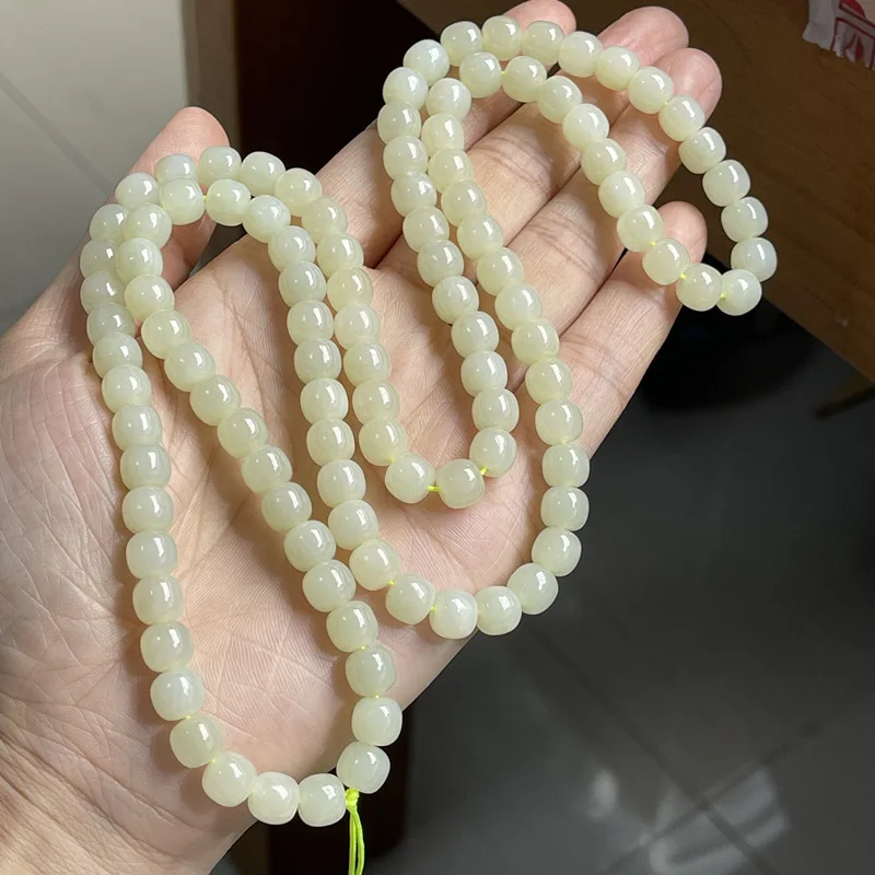 8mm Natural Yellow Mouth Hetian Jade Old Beads 108 Long Chain Semi-Finished Oily Diy Bracelet Necklace