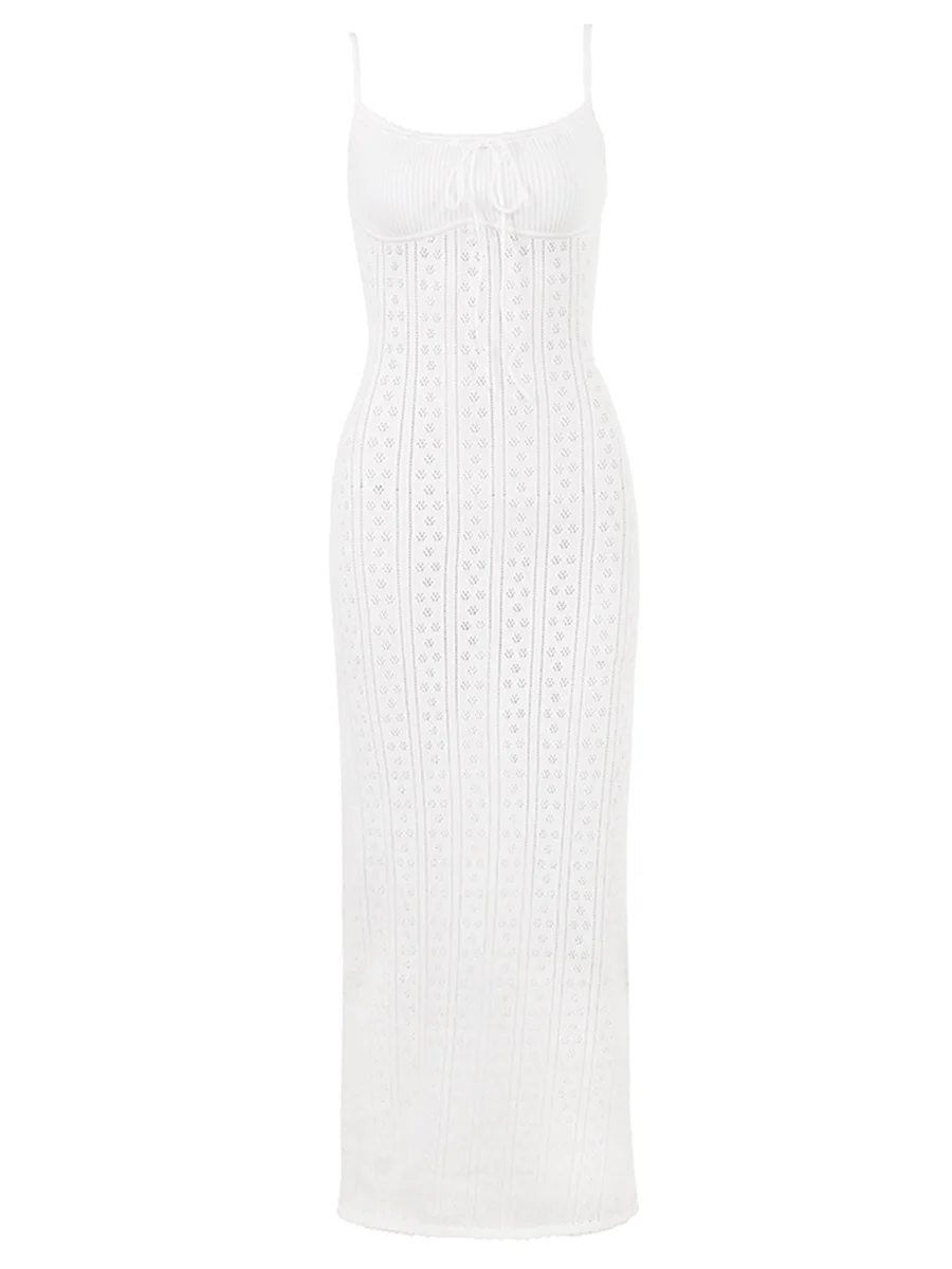 ชุดเดรสยาวสำหรับผู้หญิงชุดเดรสยาวสีทึบผูกสายสปาเก็ตตี้ Y2k ชุดแขนกุดถักฤดูร้อนชุดเที่ยวคลับชุดเดรสว่ายน้ำ