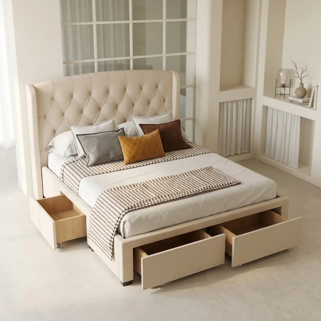 ^Luxury Modern Soft Wood Frame Bed with Royal Headboard Button Tufting and Wings King Size Box Spring with Four Drawers