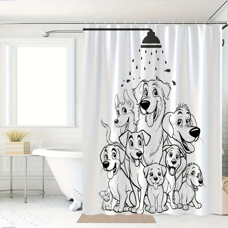 1pc Cute Dogs Bath Curtain - Shower Curtain with Hooks, Machine Washable Polyester Bathroom Decor Featuring Playful Puppy Design