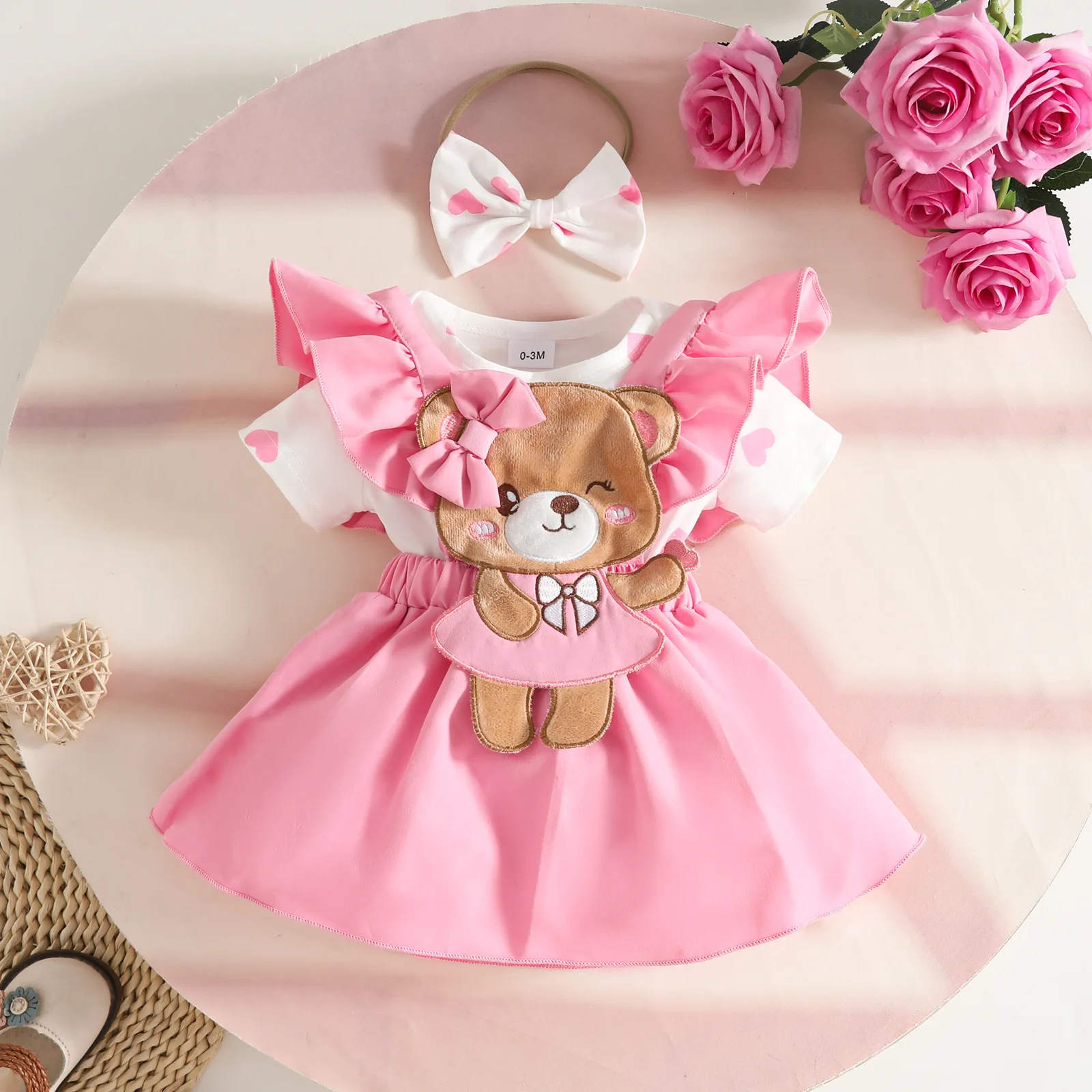 

Baby Girls 2Pcs Summer Outfits Short Sleeve Bear Embroidery Romper with Headband Set Newborn Clothes 0-18M