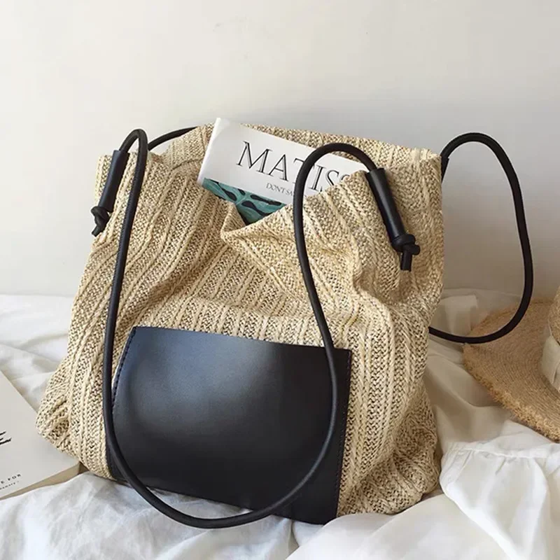 Instagram Vintage Woven Tote Bag Holiday Style Grass Woven Bag Shoulder Bag Large Capacity Shopping Bag Beach Bun Mother Bag