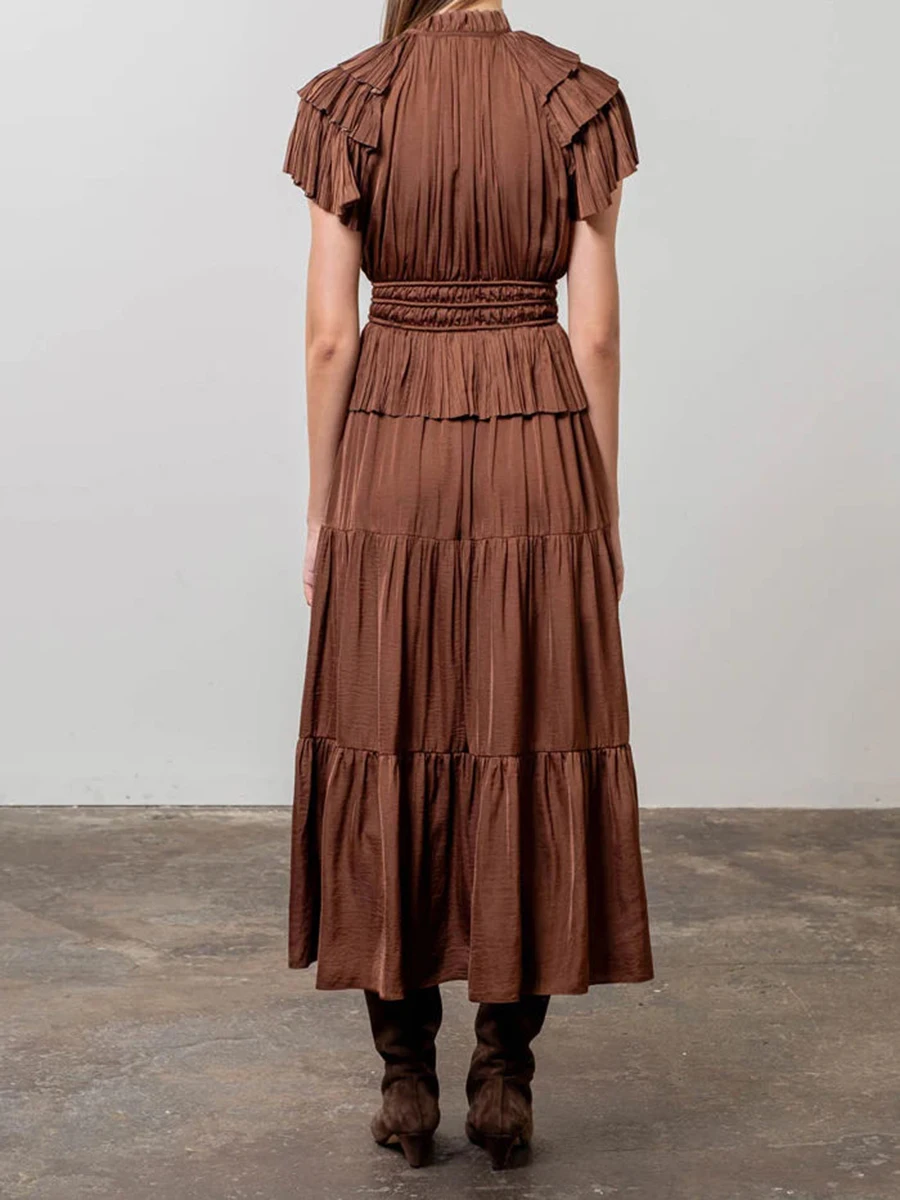 TWOTWINSTYLE Solid Spliced Lace Up Dresses For Women V Neck Short Sleeve High Wasit Patchwork Folds Elegant Dress Female Fashion