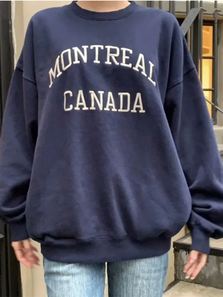 

Casual Women Navy Canada Printed Sweatshirts 2023 Fall Vintage O Neck Long Sleeves Sweatshirts Female Loose Pullovers