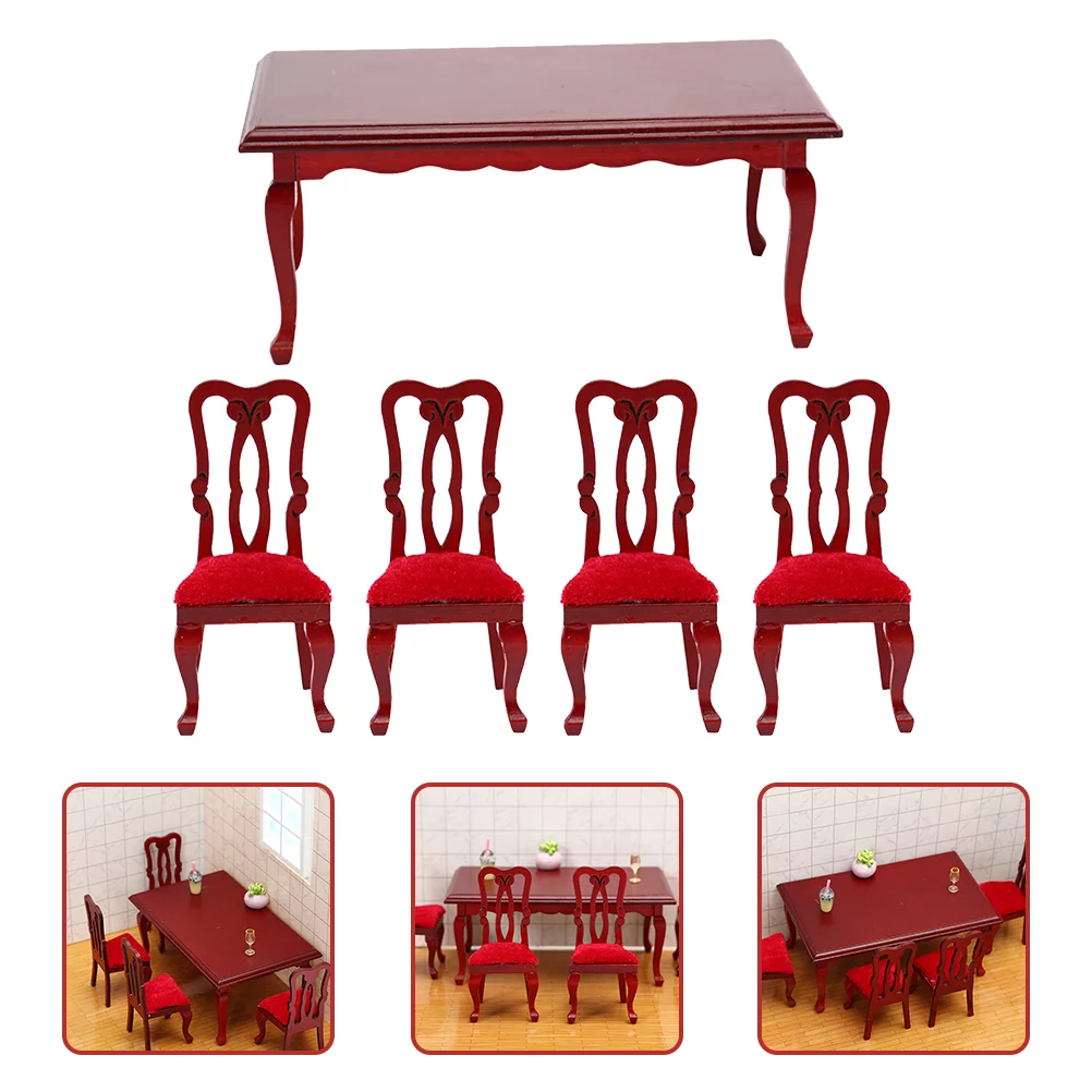 

Tiny House Vintage Dining Chair Set Miniature Table Chairs Furniture Red Toy Stool Child