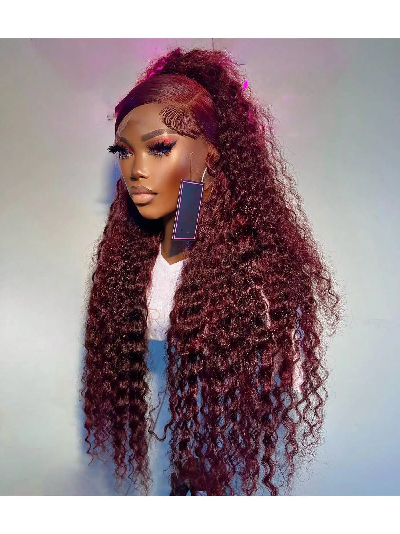 Pelucas de cabello humano Frontal de encaje transparente Borgoña 13x4 HD peluca rizada de onda profunda para mujeres 99j color rojo 34 pulgadas 200% prearrancado