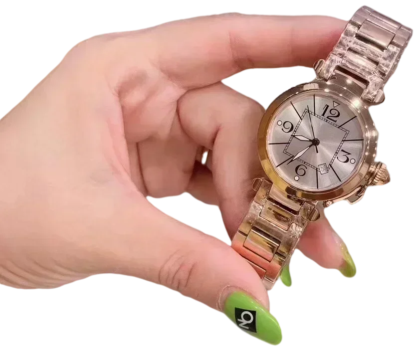 Reloj de pulsera de acero inoxidable para mujer, cristal de zafiro de moda, oro rosa, plata, blanco, alta calidad