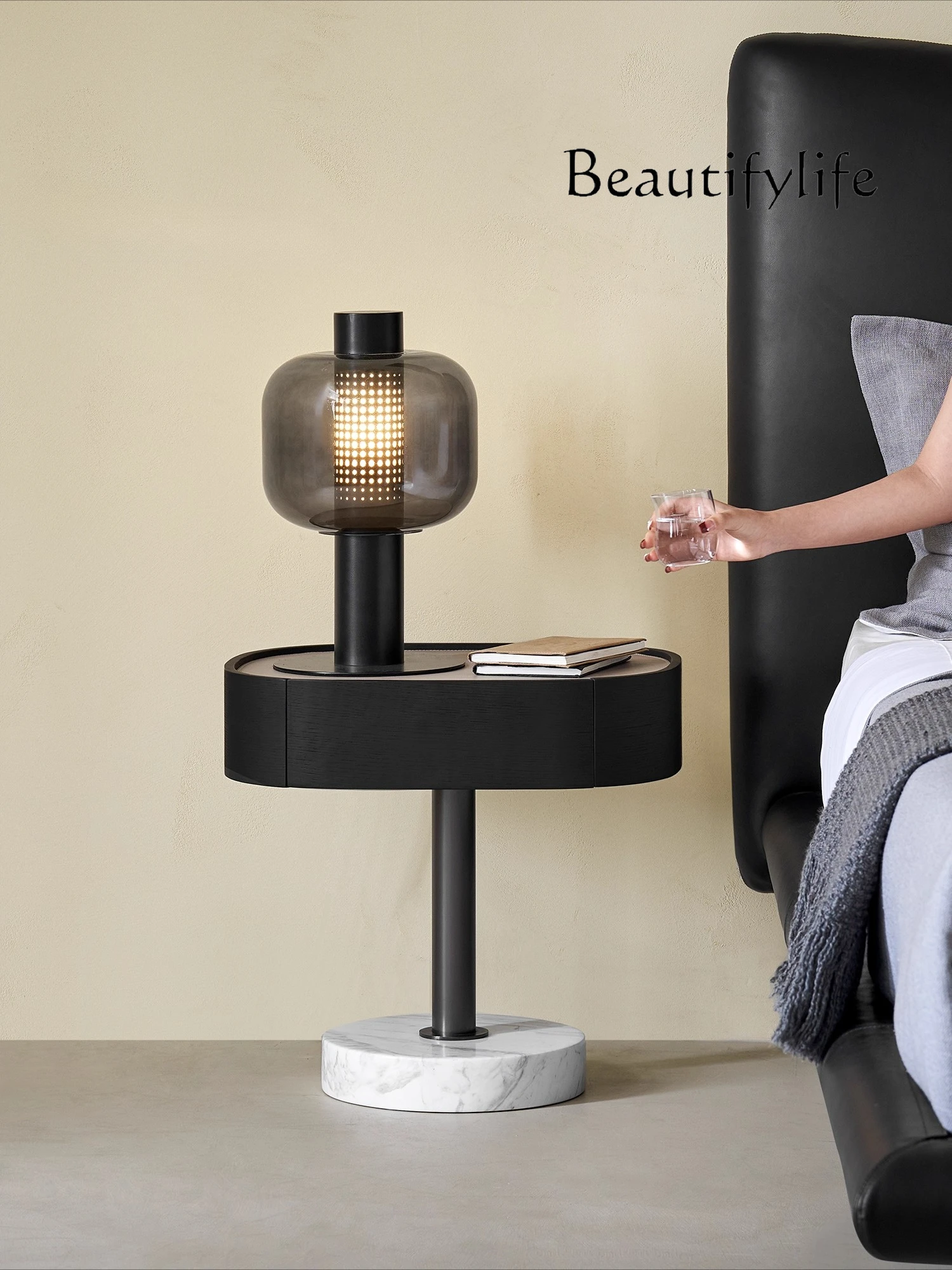 

I-shaped leather marble simple modern minimalist home bedroom solid wood bedside table