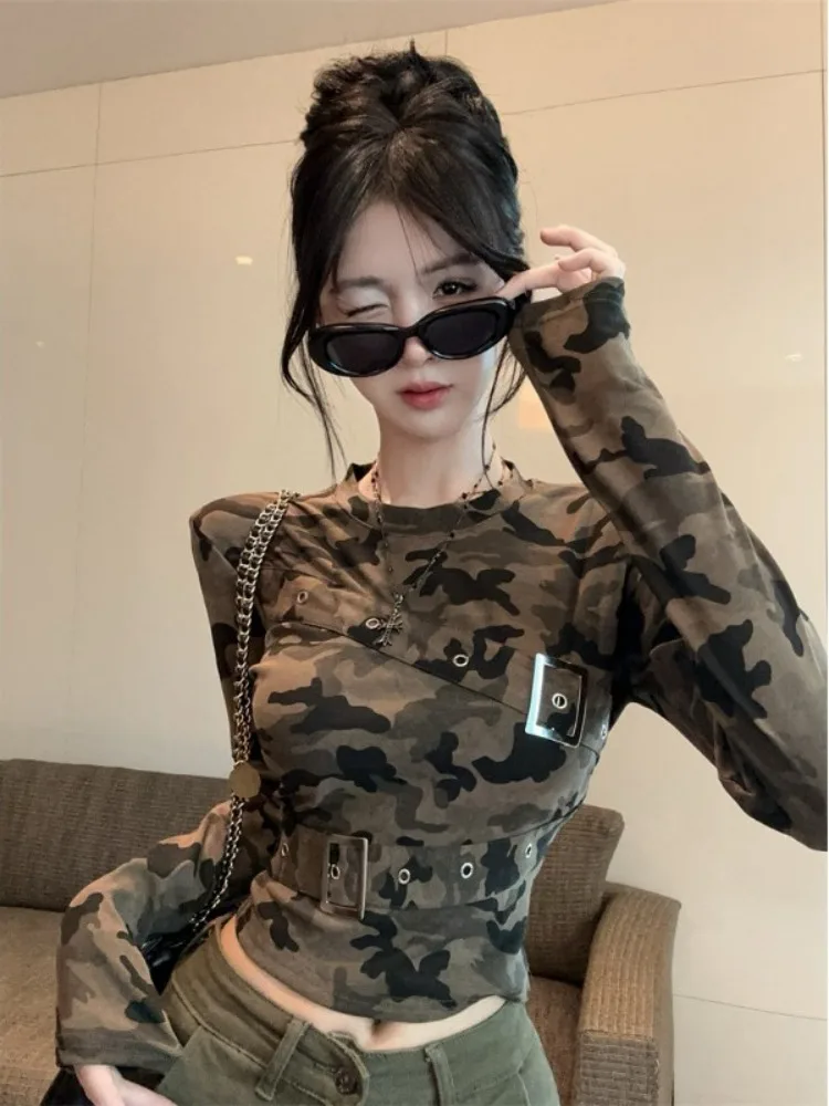 Women Crop Top 2025 Autumn Women's Sweet & Edgy Tee Camo Forward Shoulder Slim Fit High Waisted Cropped Long Sleeve Base Layer