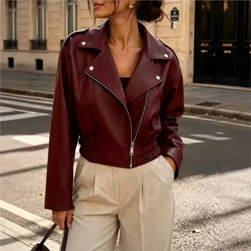 2026 New Women's Autumn/Winter Leather Jacket With Zipper Fashionable Street Style Comfortable Solid Color Collar Leather Jacket