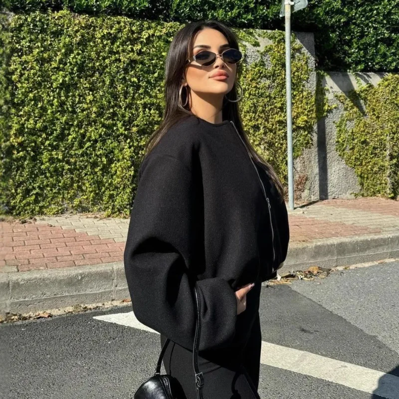 Women 2026 Autumn Winter New Hot Selling Round Neck Soft Cropped Bomber Jacket Outerwear Fashion Trendy Chic Casual Daily Street