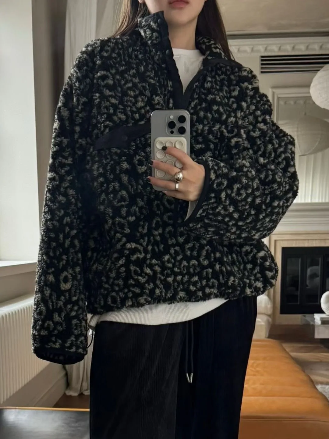 Faionable Thiened Lamb Fur Leopard Pattern Sweatirt Jaet Women's Winter Outerwear Chic Layering Top Quali Clothing