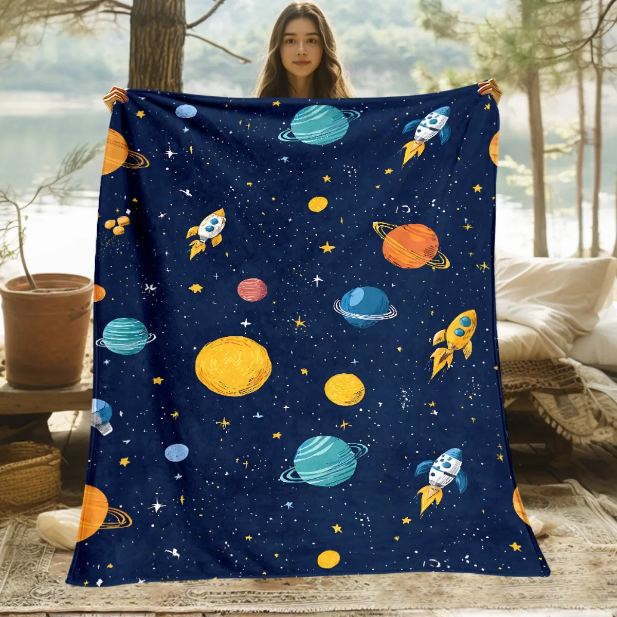 1pc Planets, space Print Blanket - Lightweight Flannel Throw for Sofa, Bed, Travel, Livingroom, Office, Bedroom and Vehicle - Di