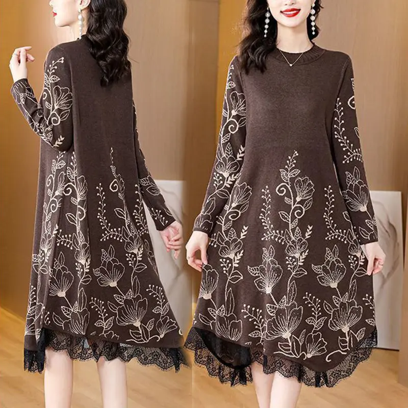 فستان سترة نسائي لخريف وشتاء 2026 مع مزاج فضفاض سترة الأم النسائية مع رقبة مستديرة طويلة فساتين سفلية