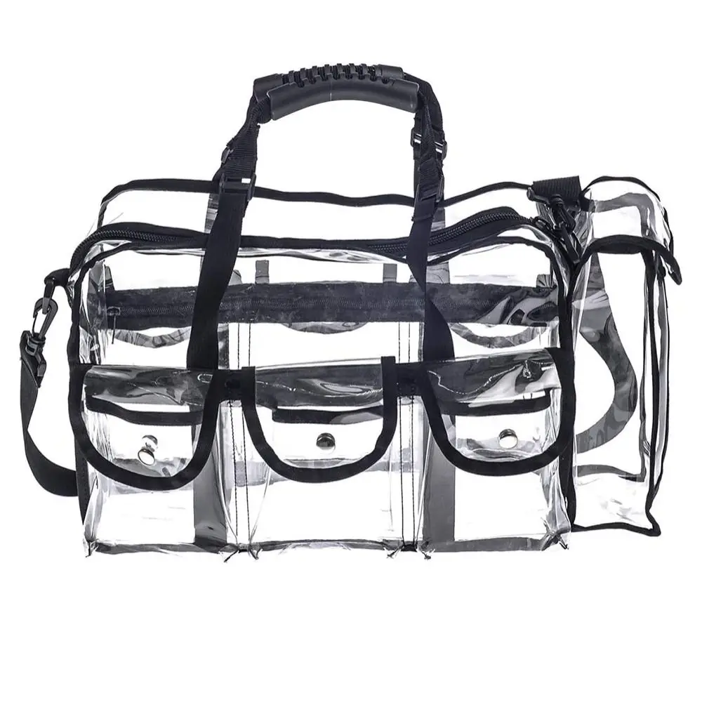 Cosmetics Bag Transparent Travel Makeup Bag with 5 External Pockets and Shoulder Strap Zippered Toiletry Carry Pouch Beach Bag