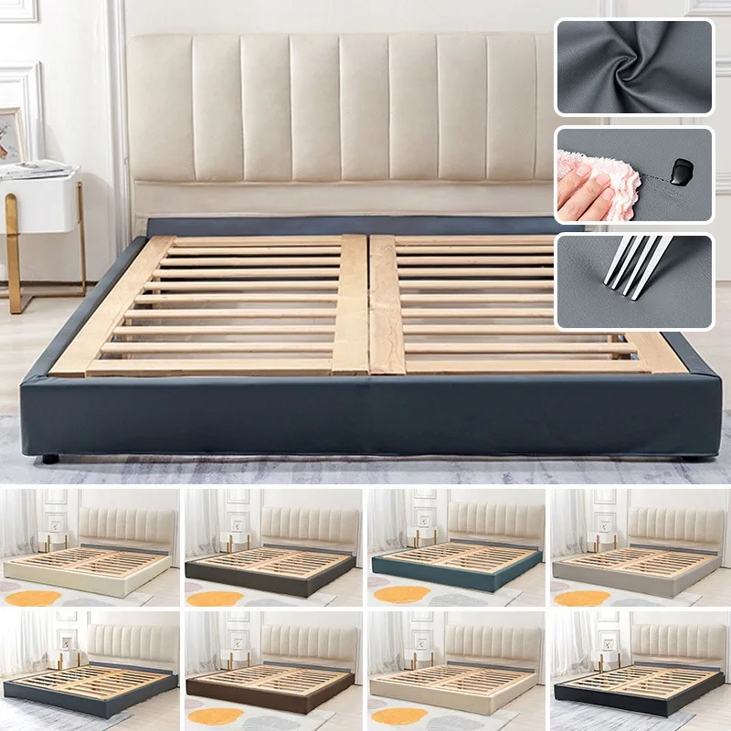 120/180cm Self-adhesive Nappa Leather Bed Frame Cover Stain-Resistant Non-Slip Bed Skirt Bed Base Surround Covers Bedroom Decor