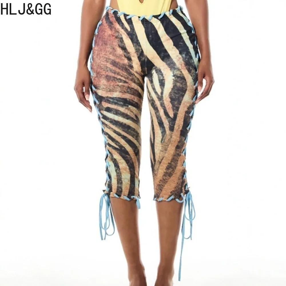 HLJ&GG Women Zebra Printting Lace Up Capri Pants High Waist Slim Fit Cropped Trousers Y2K Streetwear Sexy Club Party Bottoms New