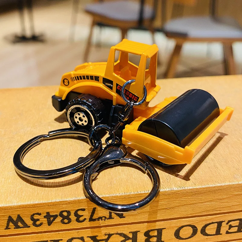Creative Personality Alloy Engineering Car Excavator Key Chain Cartoon Forklift Roller Car Toy Keychain Student Bag Pendant Gift