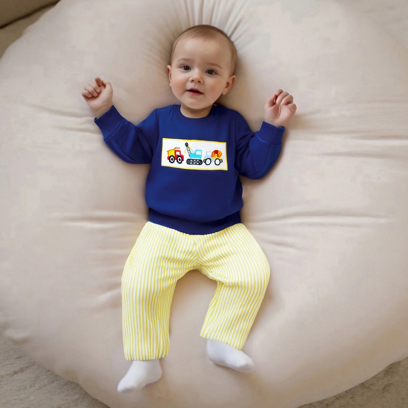 

Toddler Boy Fall Autumn Outfits Tool Cart Embroidery Long Sleeve Round Neck Pullover Stripe Pants 2 Pcs Set