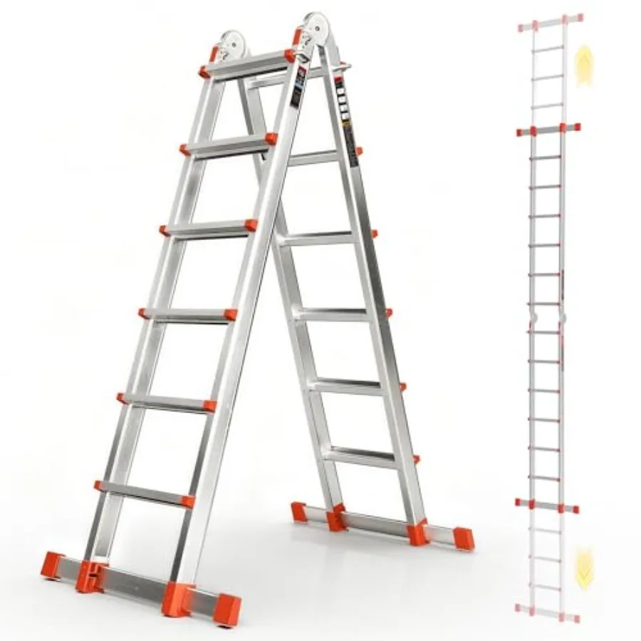 

Telescoping Ladder, A Frame Ladder, Multi Position with Stabilizer Bar, 330 lbs Security Load Ladder for Stairs Household or Ou