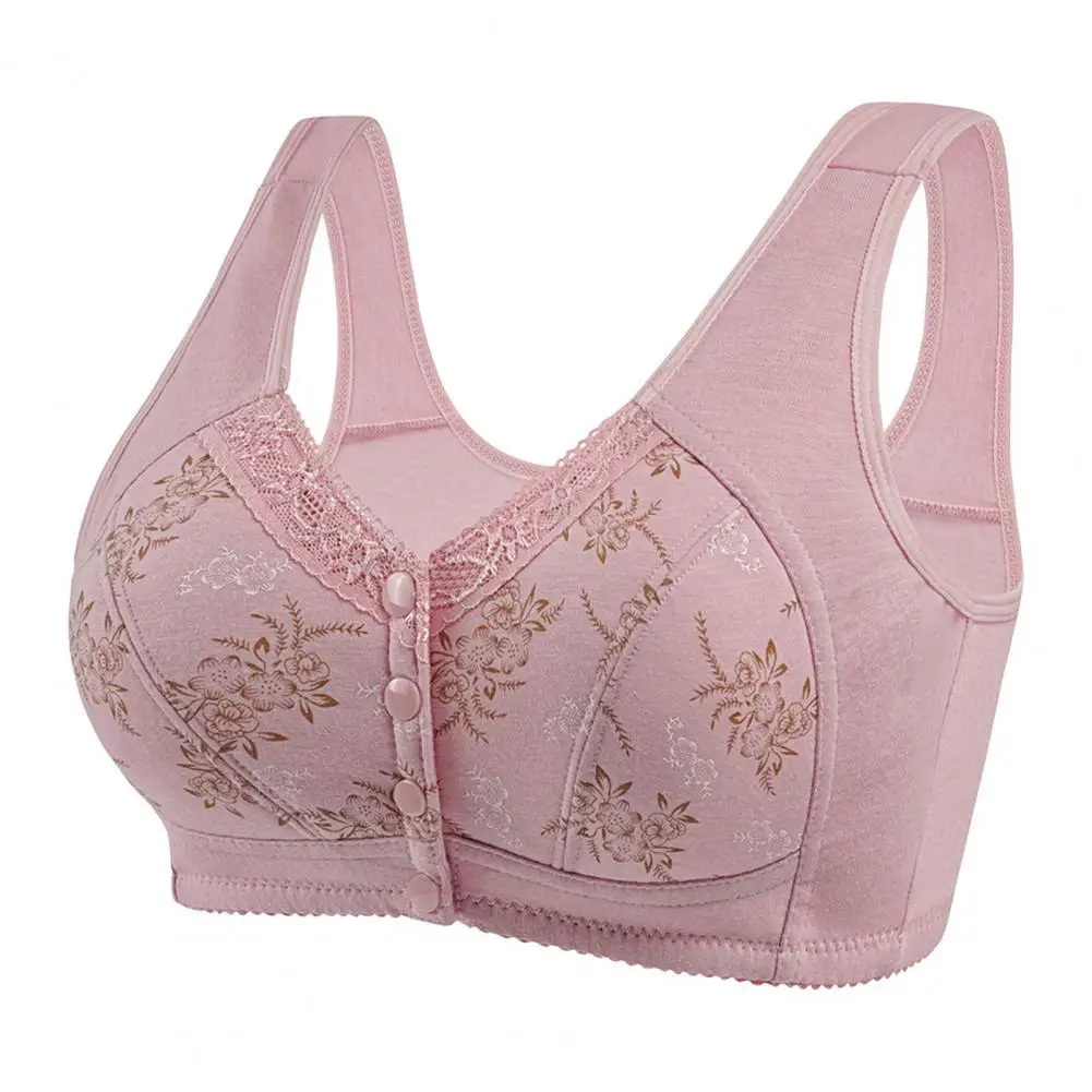 

Fit Bra Floral Lace Plus Size Push-up Bra for Mid-aged Women with Front Button Closure Shockproof Wireless Mother Bra Mother