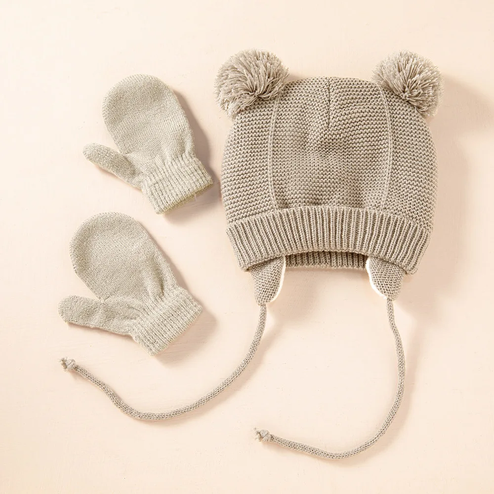 Conjunto de gorro de malha para bebês meninos e meninas, chapéu quente de inverno, luvas grossas, boné de esqui infantil, luvas infantis de 1 a 3 anos