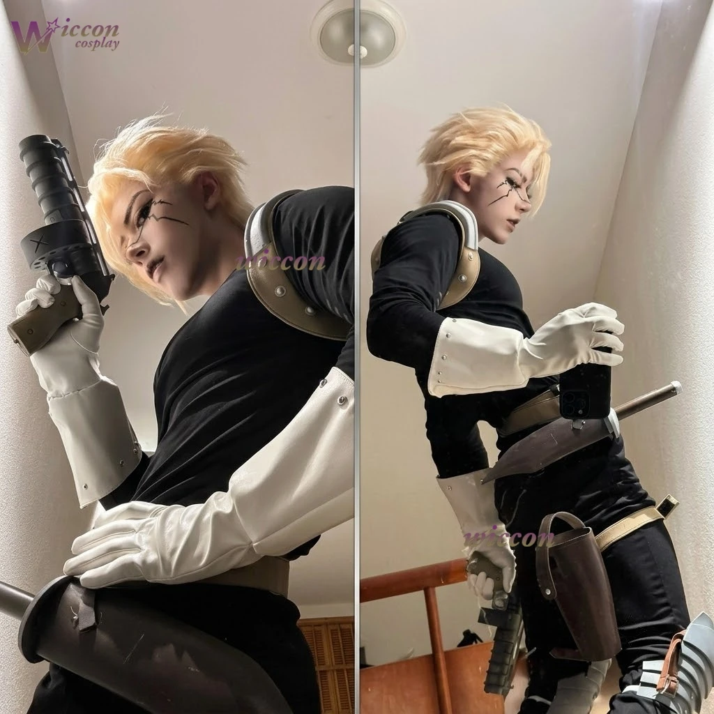 Disfraz Punk de Anime Stanley Snyder, Mono Negro con Peluca Amarilla, Cinturón, Guantes y Chaleco - Cosplay de Halloween y Navidad