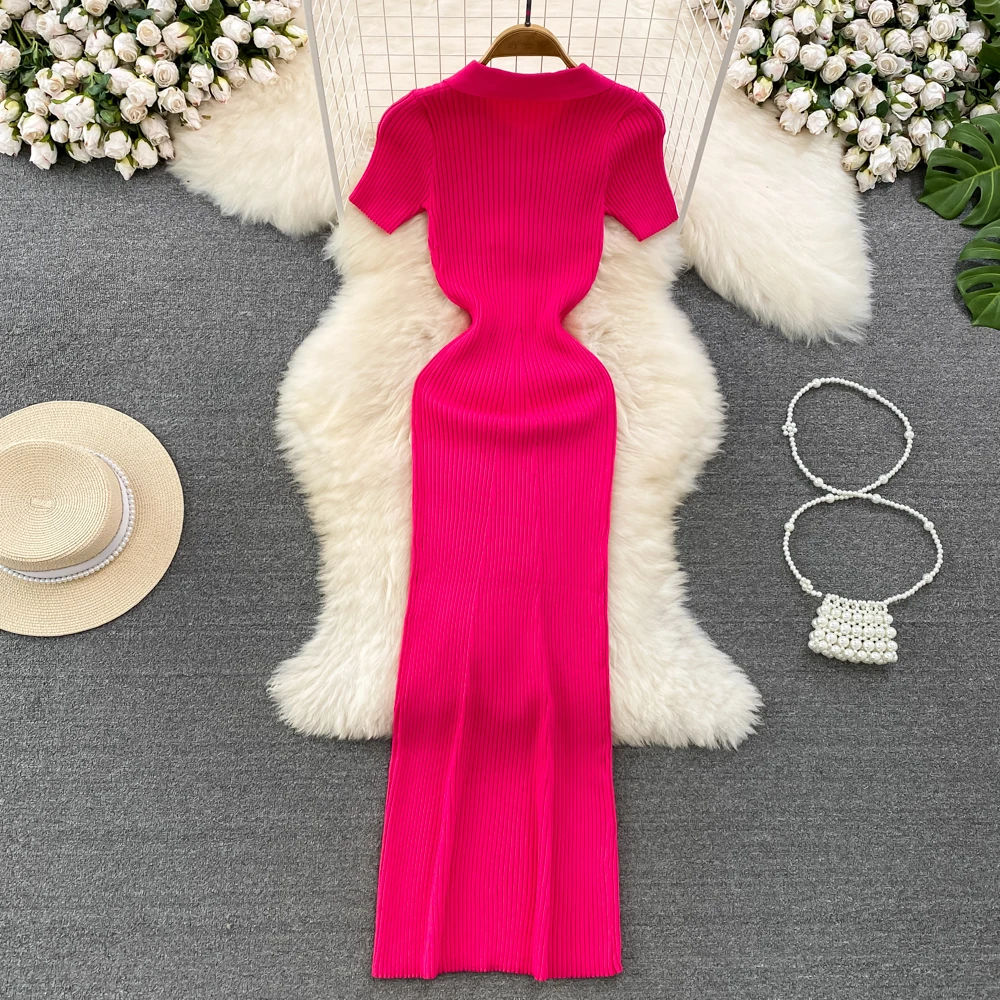 

Women 2024 Vintage Polo Neck Knitted Bodycon Long Dress Casual Slim Knit Summer Chic Sheath Party Elegant Elastic Tunic Vestidos