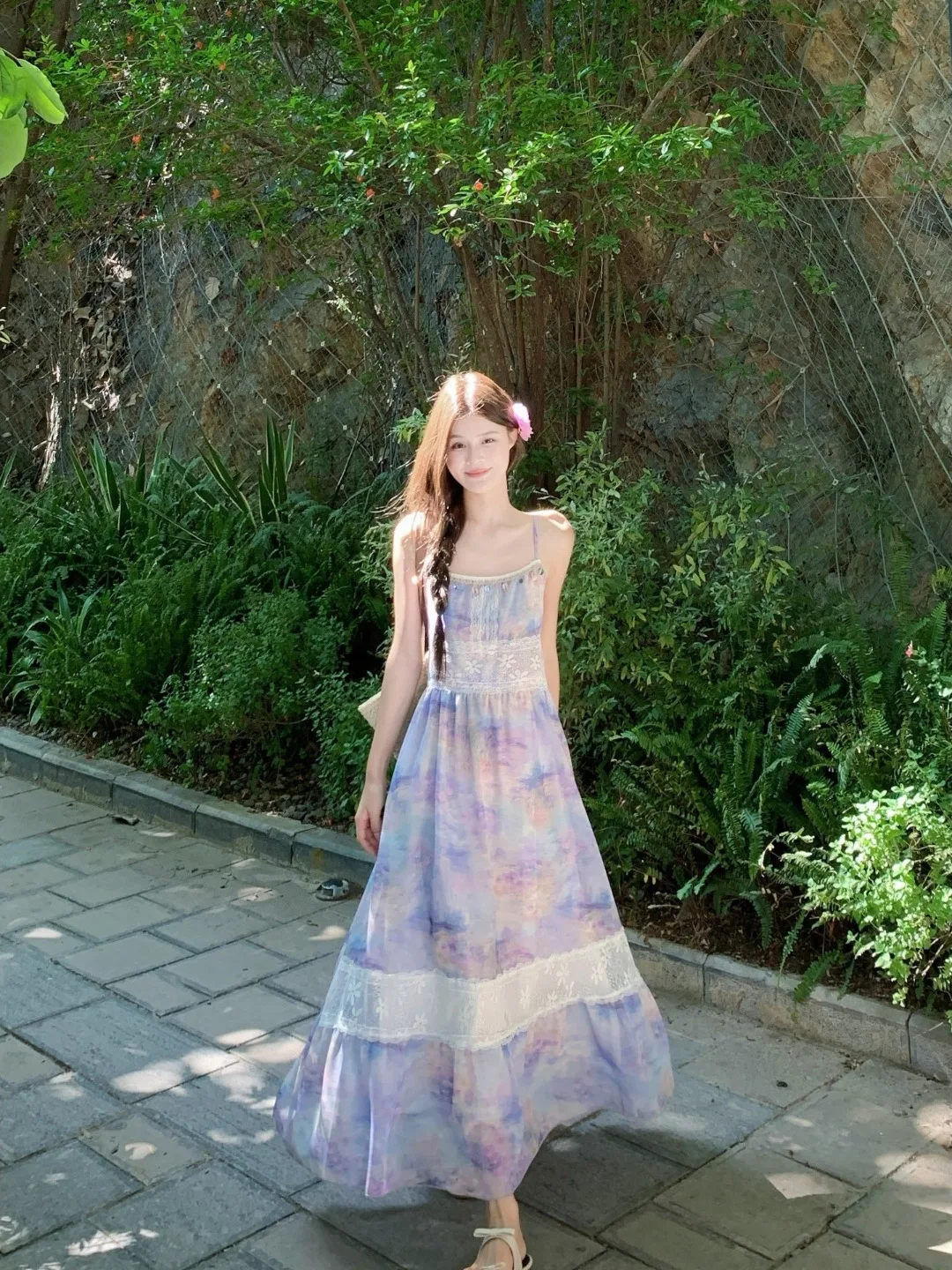 

Elegant plus Size Long Dress with Lace Splicing And Gradient Color Block Design Sleeveless Women's Summer Dress