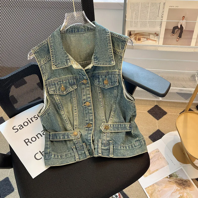 

Women's Turn-down Collar Sleeveless Denim Top Spring Summer Vest Waist Wrap Vest American Retro Layup Style Single Breasted Coat