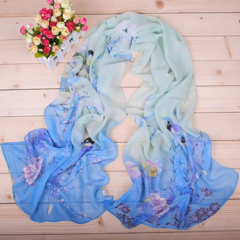 New Lucky Bird Peony Flower Elegant Chiffon Long Scarf for Women