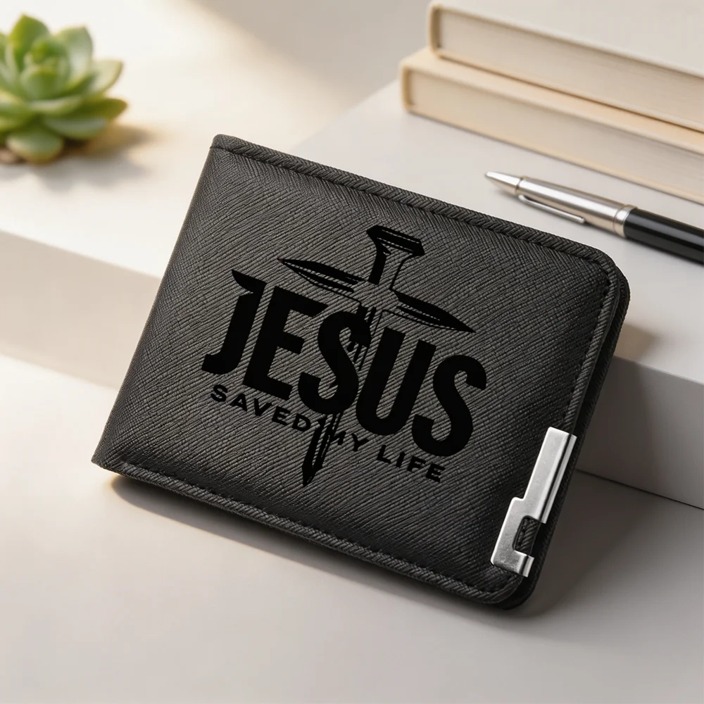 Men's Simple Wallet - New Short-Style PU Wallet, Stylish Design, Featuring a Jesus Pattern - Credit Card Storage Wallet