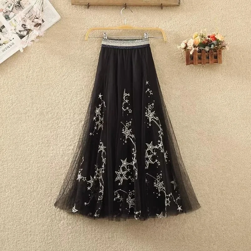 Sweet Embroidered Floral Mesh Skirt, for Women's ,2024 Summer New High Waisted Starry Sky Skirts, Sparkling Sequin Gauze Skirt