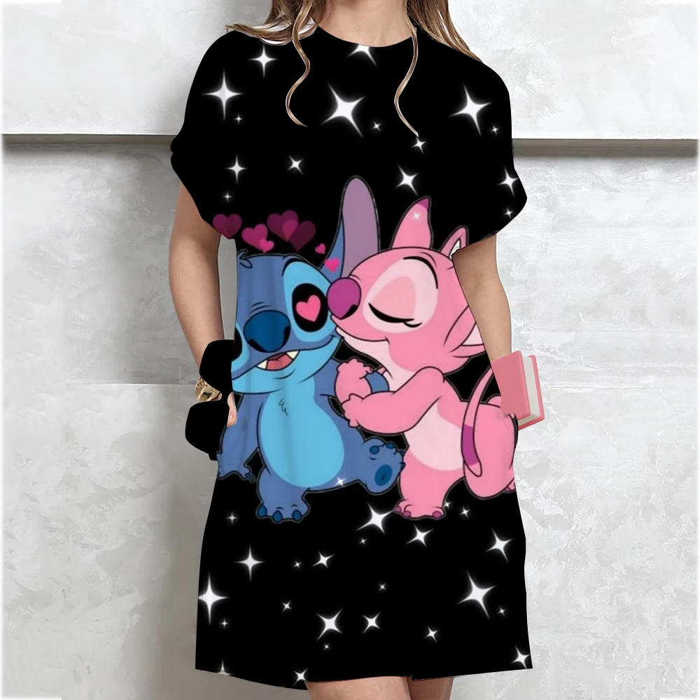 Disney Stitch พิมพ์ชุดผู้หญิงฤดูร้อนการ์ตูนแขนสั้น O-คอเสื้อยืดชุดแฟชั่นกระโปรงนอน Daily Basic Dressing