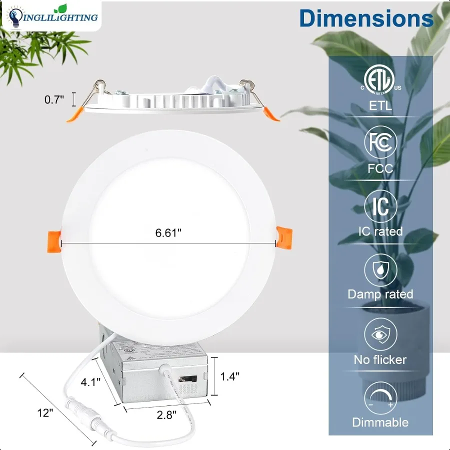DLLT LED Reced Ceiling Lights: 12 Pack 6 Inch 5CCT UltraThin Lighting with Junction Box for Bedroom 1200LM Brightn 12W Eqv 110W