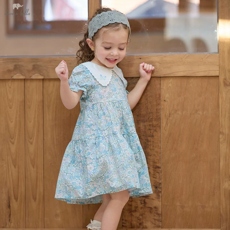 Dave Bella Children's Summer Dress New Gentle Sweet Cute Girls Baby Cotton Princess Dress Floral Print Elegant Party DB2251731