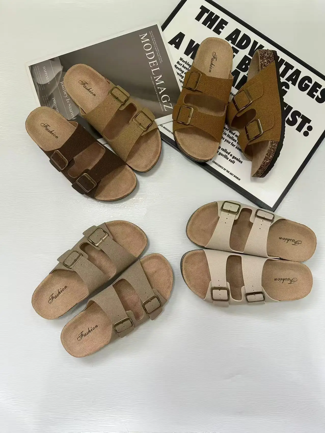 2026 Summer Women Leather Double Strap Sandals Retro Slip On Thick Sole Beach Slides Cork Footbed Platform Shoes Outdoor view 5